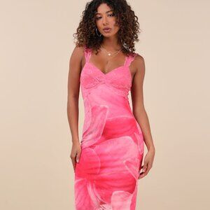 Lulus Flirty Whimsy Hot Pink Floral Mesh Midi Dress - Size M
